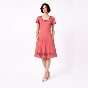 Vintage Anne LaBrusciano 1920s 100% Linen Pleated Drop Waist Handprinted Dress